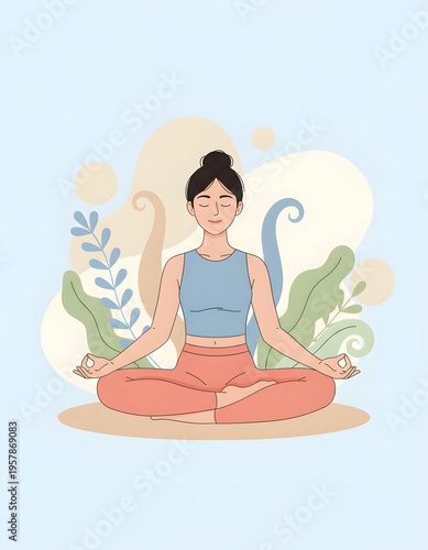 Illustration of A beautiful young woman is meditating in the lotus position with a calm smile to practice mindfulness and relieve stress.