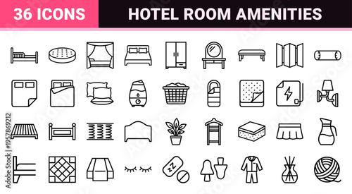Hospitality Bedding and Bedroom Furniture Minimalist Monoline Outline Icon Set for Interior Design and Hotel Wayfinding Graphics.
