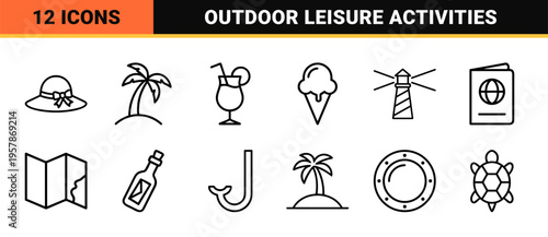 Summer Vacation Lifestyle Minimalist Monoline Icon Set Featuring Beach Tourism Travel Essentials and Tropical Leisure Geometric Symbols.