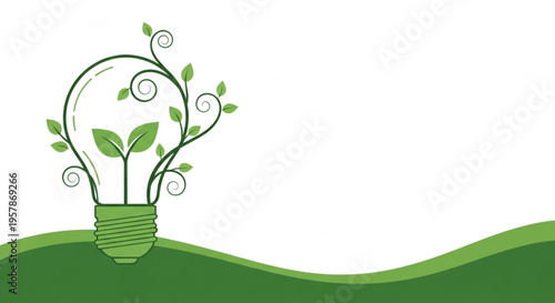 Green energy concept with lightbulb and growing leaves, symbolizing sustainable power, environmental innovation, and eco-friendly solutions for a brighter future