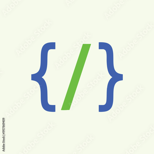 Blue curly braces and a green slash on a light cream background