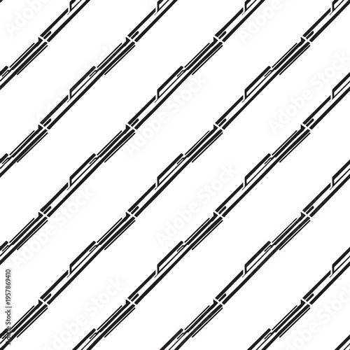 Abstract geometric pattern of parallel black lines with breaks, diagonally arranged