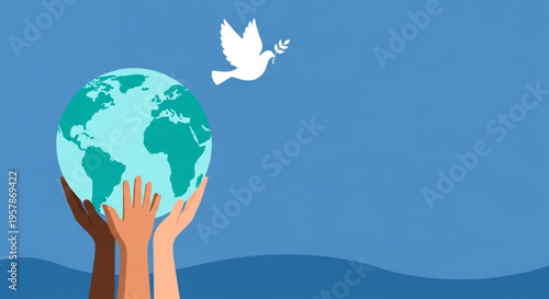 Two hands cradling the earth with a dove carrying an olive branch flying above, symbolizing peace and global unity