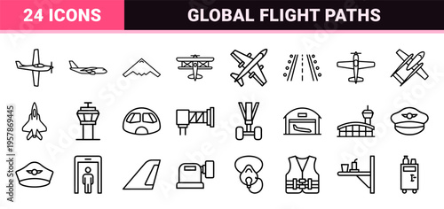 Commercial Aviation Silhouettes and Flight Logistics Minimalist Monoline Geometric Line Art for Global Travel and Transportation Interface