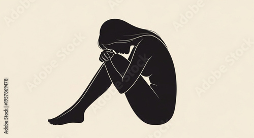 Silhouette of a Woman in Despair, Embracing Knees.
