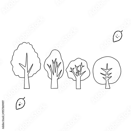 手描きの線画の木のイラストと表情付きの葉っぱ