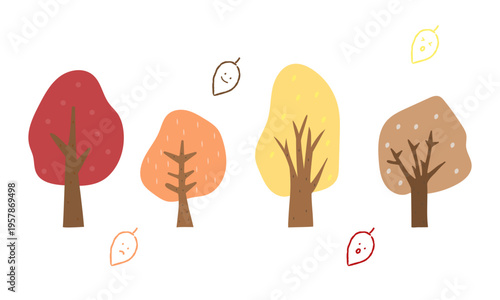 手描きのかわいい秋の木と落ち葉のイラスト