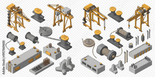 Isometric Set of Harbor and Port Equipment for Cargo Shipping and Docking.