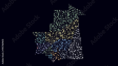 Mauritania animated country shape. Pulsating colored dots on the map of the country. Small size square blocks. Digital style Mauritania map on dark background. Simple animation video.
