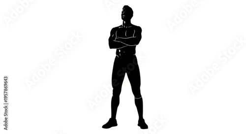Silhouette of a muscular man standing with arms crossed, looking up.