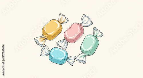 A delightful illustration featuring an elegant circular arrangement of colorful wrapped candies in soft pastel hues, evoking a sense of sweet indulgence and simple joy
