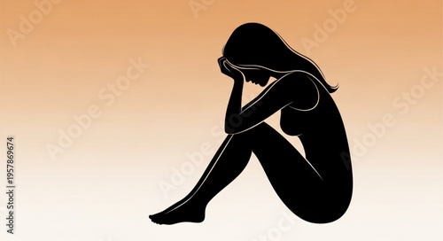 Silhouette of a Depressed Woman Sitting with Head in Hands.