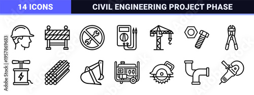 Industrial Construction and Civil Engineering Minimalist Monoline Geometric Line Art Symbols for Professional Architectural Drafting