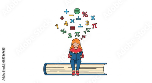 A focused student reads a book, with various mathematical symbols floating above, illustrating the intellectual journey of learning and problem-solving in education