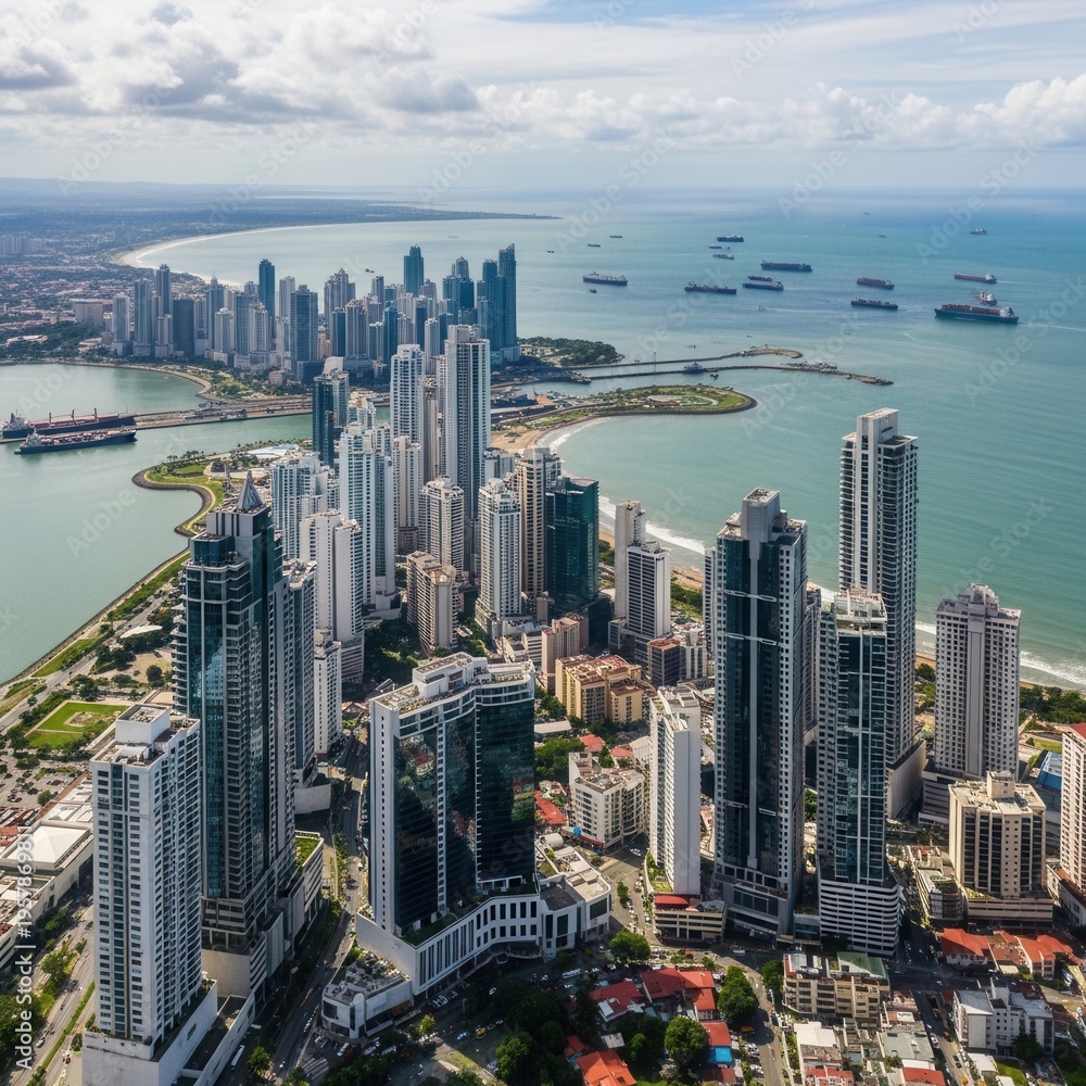 Fototapeta premium Modern Metropolis Skyline Against Azure Waters And Coastal Horizon