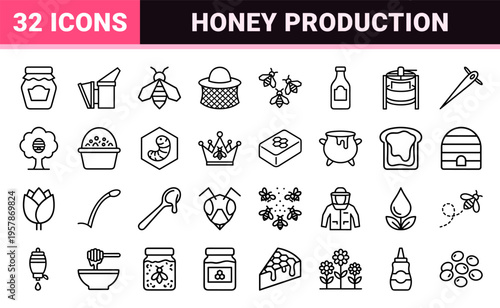 Apiary and Honey Production Minimalist Monoline Geometric Outline Symbols for Sustainable Beekeeping and Organic Honey Product Branding