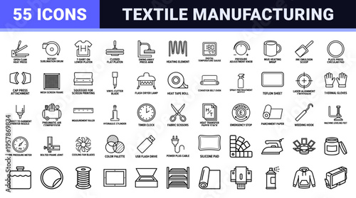 Industrial Heat Press and Garment Printing Equipment Outline Icons. Minimalist monoline geometric line art for textile manufacturing.