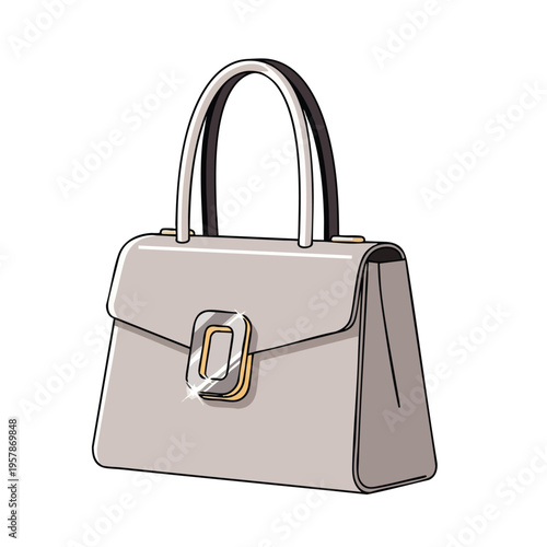 A chic, light grey top-handle handbag with a shiny gold buckle clasp