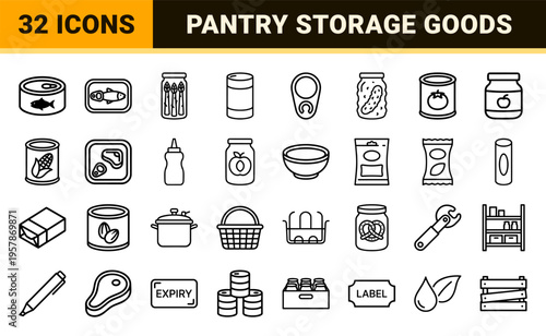 Pantry Storage and Canned Food Preservation Line Art: Minimalist Monoline Geometric Symbols for Commercial Groceries and Logistics UI Design.