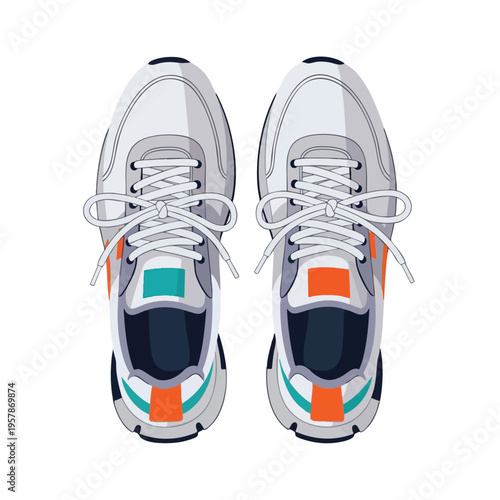 Top-down view of white sneakers with gray, orange, teal, and navy accents
