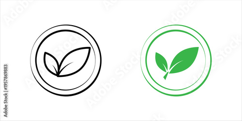 Minimal outline icon set. of leaf inside circular badge representing eco-friendly products, sustainability, and environmental awareness.