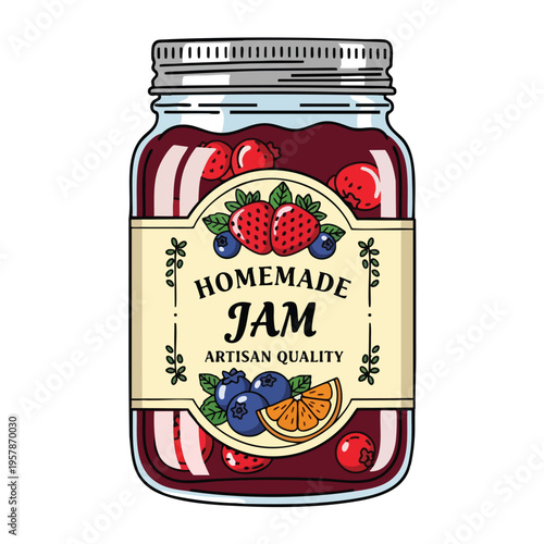 Glass jar filled with dark jam, featuring a label with fruits and "Homemade Jam