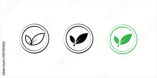 Minimal outline icon set. of leaf inside circular badge representing eco-friendly products, sustainability, and environmental awareness.