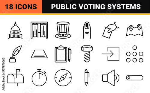 Democratic Election and Civic Participation Line Art Icon Set featuring Minimalist Monoline Symbols for Voting and Governance.