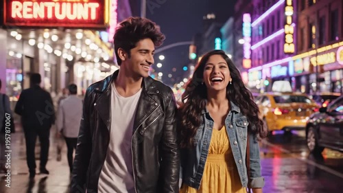 A young couple strolling hand-in-hand, laughing, down a wet city street at night