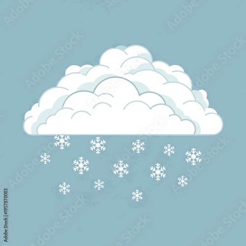 Fluffy white cloud releases delicate snowflakes onto a pale blue background