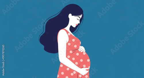 Illustration of a pregnant woman holding her belly, showing anticipation and motherhood, with wavy hair and a polka dot dress