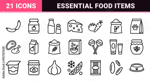 Commercial Grocery and Household Essentials Line Art Set featuring Minimalist Geometric Outline Symbols for Retail and E-commerce Design.