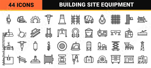 Heavy Construction Machinery and Building Equipment Minimalist Monoline Outline Set for Civil Engineering and Industrial Logistics Layouts
