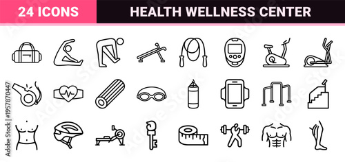 Fitness and Bodybuilding Gym Equipment Minimalist Geometric Line Art Outline Symbols for Training App Interface and Sports Branding