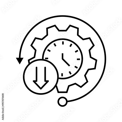 Minimal line icon of gear and clock with download arrow representing time management, process efficiency, and workflow optimization.