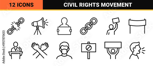Social Activism and Civil Rights Protest Movement Line Art; Minimalist Monoline Outline Symbols for Human Rights and Community Justice