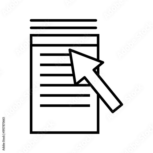 Outline icon illustration of document with cursor pointer representing online form, digital document interaction, and web interface actions.