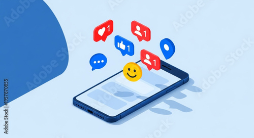 Conceptual illustration of a smartphone surrounded by various social media notification icons, representing digital communication, online engagement, and mobile connectivity