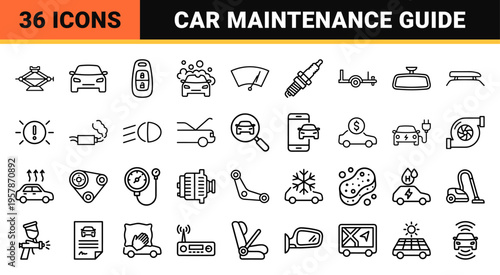 Automotive Service and Car Maintenance Minimalist Monoline Geometric Line Art Set for Vehicle Diagnostics and Repair Engineering.