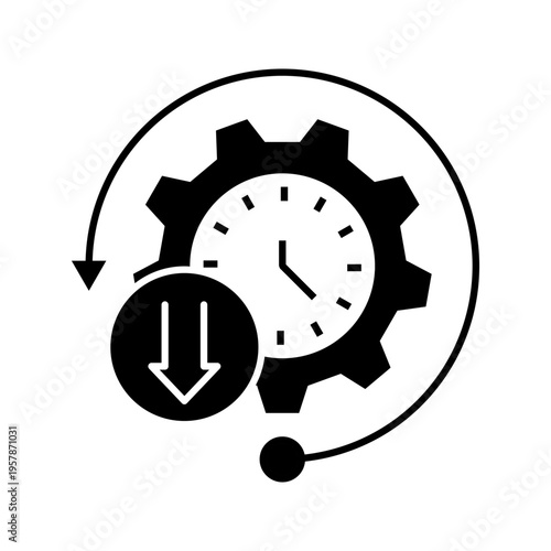 Minimal line icon of gear and clock with download arrow representing time management, process efficiency, and workflow optimization.