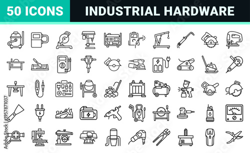 Minimalist Monoline Power Tool and Industrial Machinery Geometric Line Art Set for Professional Technical Diagrams and Workshop Manuals
