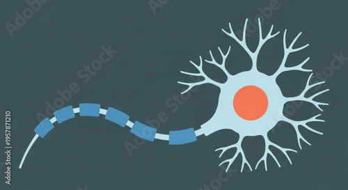 A stylized illustration of a neuron, a nerve cell with a cell body and branching dendrites, transmitting a signal along its axon