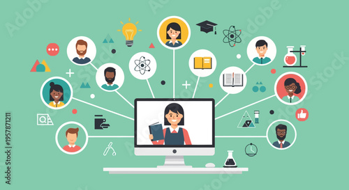 Flat Illustration of Online Education Concept with a Diverse Group of People and Educational Icons Connected to a Computer Monitor for E-learning and Remote Study