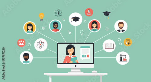 Online Education and E-learning Concept Illustration with Teacher on Computer Screen and Diverse Students Connected for Virtual Learning