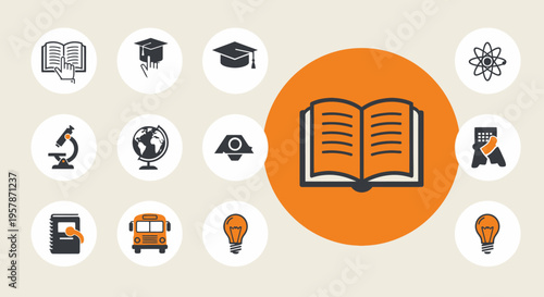 Education and E-Learning Icon Set: School Symbols including Graduation Cap, Open Book, Microscope, Globe, and Science Atom for Academic and Online Learning Designs