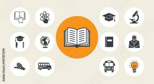 Education and Learning Icon Set with School Symbols, Book, Science, and Graduation Elements