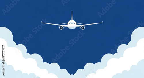A wide-body passenger aircraft majestically soars through a vast, clear blue sky, elegantly framed by soft, white clouds below, embodying the spirit of global travel and boundless possibilities