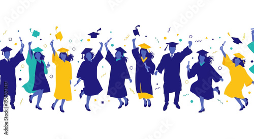 Group of Happy Diverse Graduates Celebrating Graduation Ceremony Vector Illustration with Gowns and Mortarboards