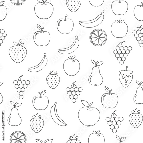 Outline fruit pattern apples, strawberries, bananas, pears, grapes, and citrus slices