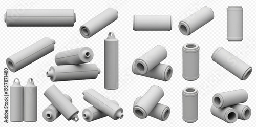 Set of blank white aerosol spray cans in various angles and positions on transparent background.